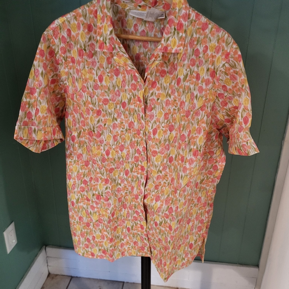 Pink & Yellow Floral Shirt, Liz Claiborne, 18W, 100% Cotton